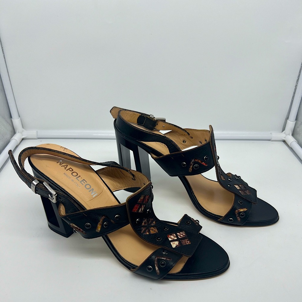 NEW NAPOLEONI Black Leather Embellished Printed Open Toe Block Heel Sandals 40